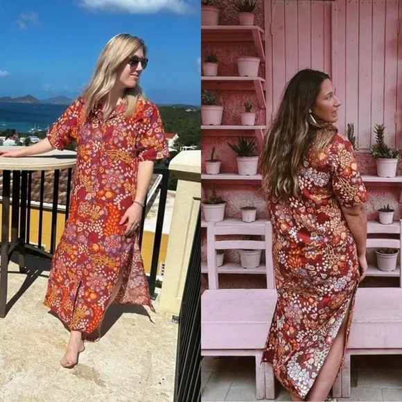 La DoubleJ Dress Bowling Floral Orange Relaxed Maxi Shirtdress Taranta XS GUC - Picture 10 of 12